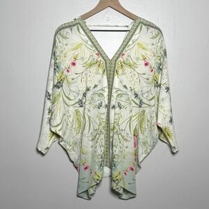 Rose + Olive Womens Blouse L Green Floral Boho Oversized Bat Sleeve Feminine‎